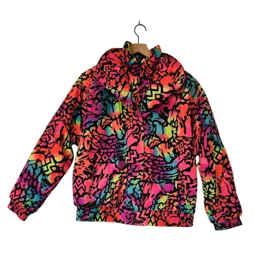 Vintage 90s Roffe Ski Jacket SIZE 14 neon retro black pink yellow blue Ladies U